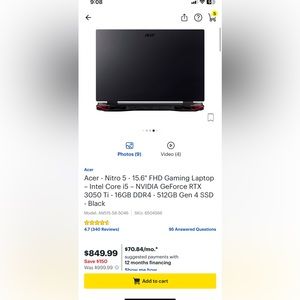 Nitro 5 15.6" FHD-Intel Core i5-GeForceRTX
3050Ti-16GB DDR4-512GB Gen 4 SSD